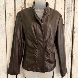 Y2K Industry Moto Buttery Leather Jacket Womens XL Chocolate Brown Ruched Front